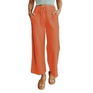 Lands' End Coral-Orange Wide Leg Drawstring Linen Pants